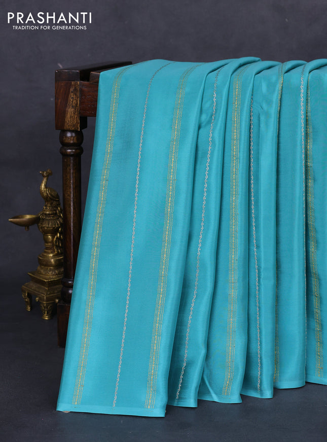 Pure mysore silk saree pastel blue and purple with silver & gold zari weaves in borderless style