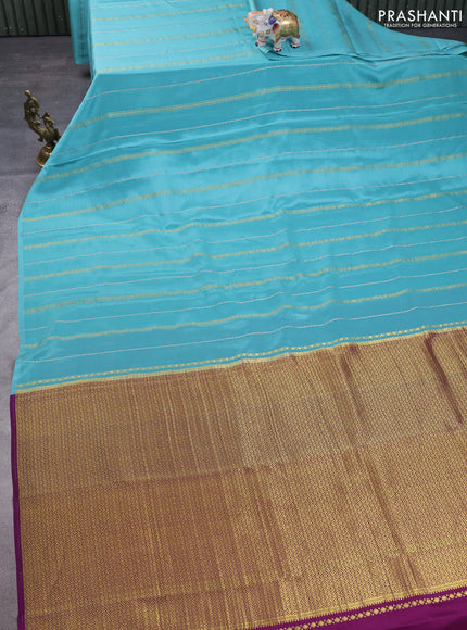 Pure mysore silk saree pastel blue and purple with silver & gold zari weaves in borderless style