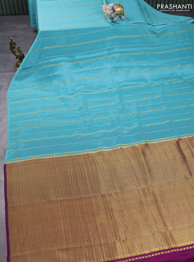 Pure mysore silk saree pastel blue and purple with silver & gold zari weaves in borderless style