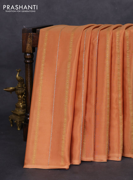 Pure mysore silk saree sandal and brown with allover zari stripes pattern in borderless style