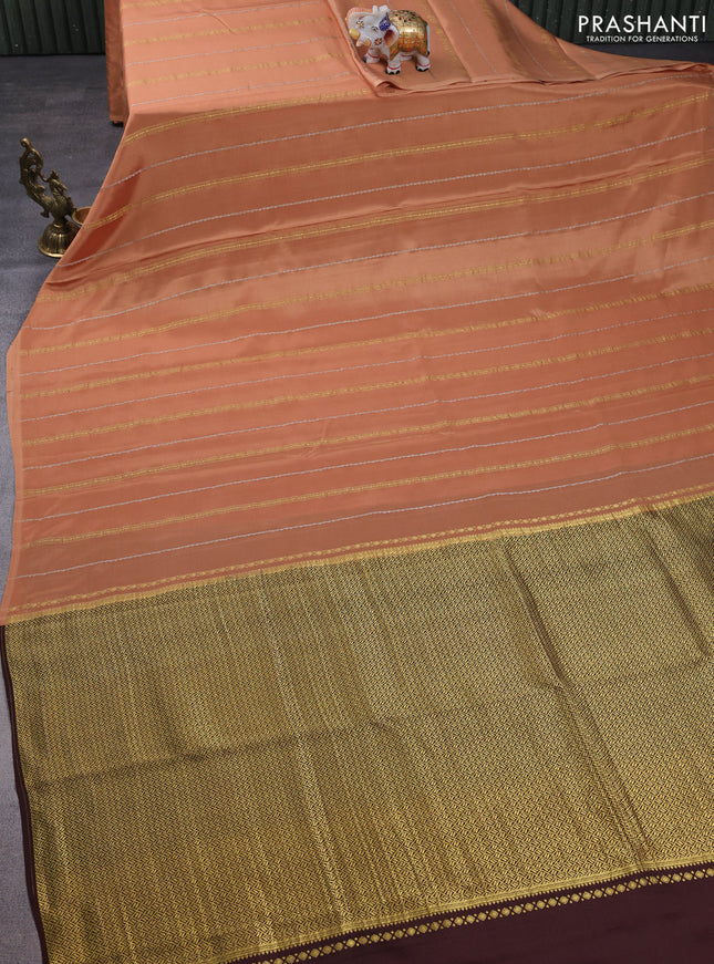Pure mysore silk saree sandal and brown with allover zari stripes pattern in borderless style