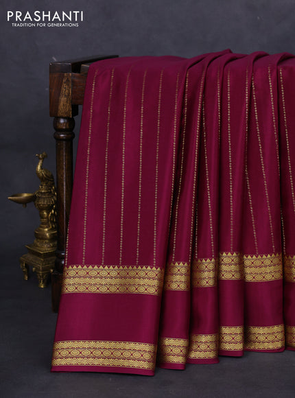 Pure mysore silk saree wine shade with allover zari stripes pattern and rettapet zari woven border