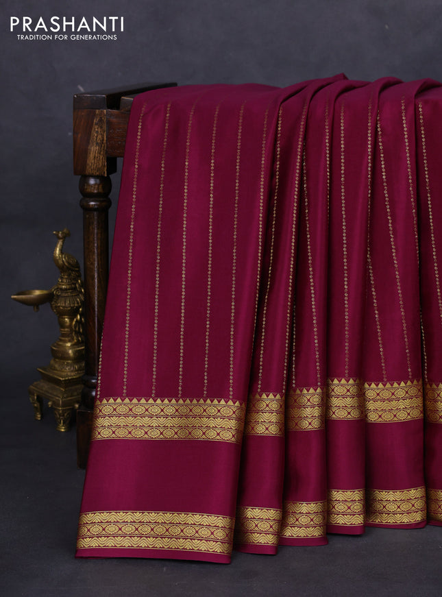 Pure mysore silk saree wine shade with allover zari stripes pattern and rettapet zari woven border