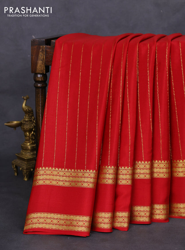 Pure mysore silk saree maroon with allover zari stripes pattern and rettapet zari woven border