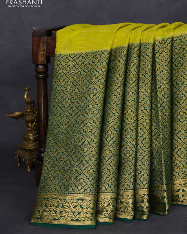 Pure mysore silk saree lime yellow and green with allover zari checks & buttas and long rich zari woven border