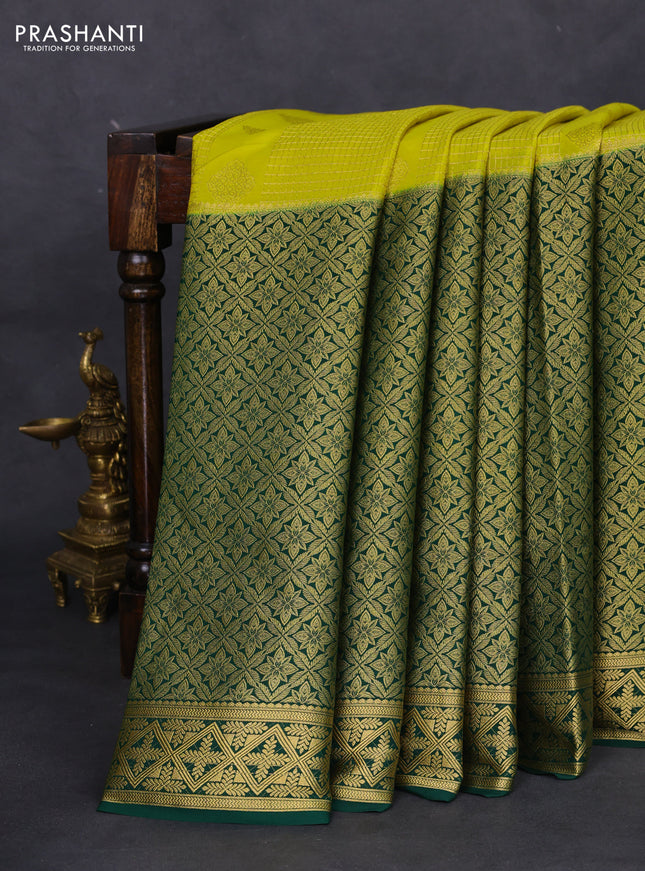 Pure mysore silk saree lime yellow and green with allover zari checks & buttas and long rich zari woven border
