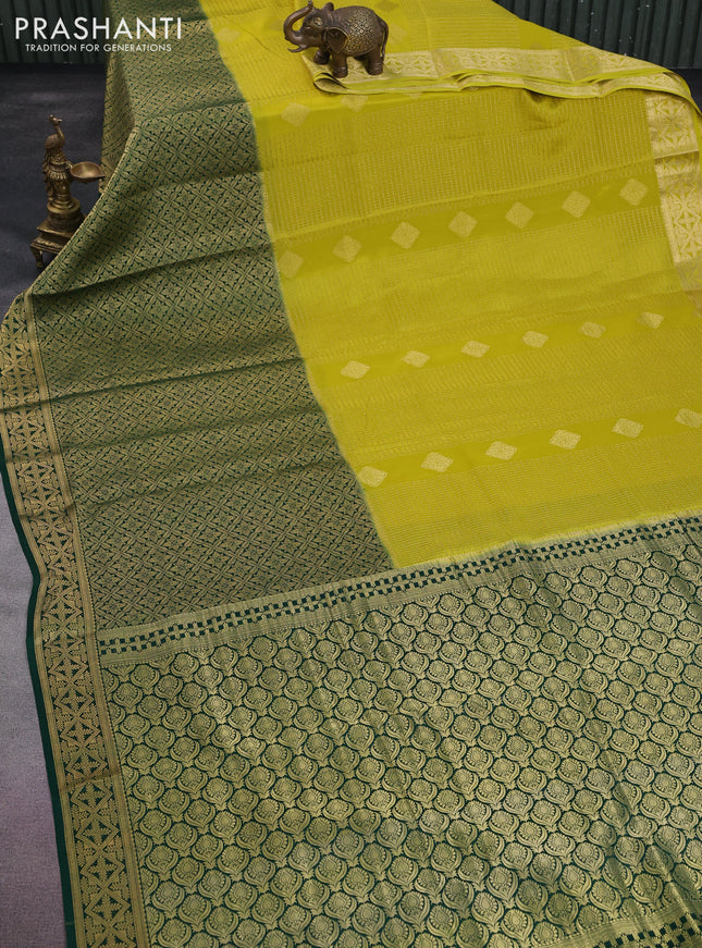 Pure mysore silk saree lime yellow and green with allover zari checks & buttas and long rich zari woven border