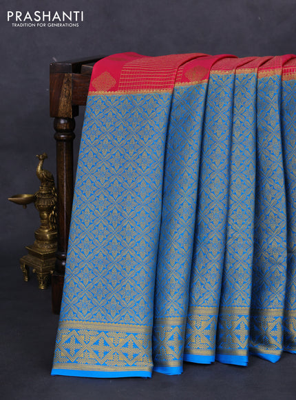 Pure mysore silk saree peach pink and cs blue with allover zari checks & buttas and long rich zari woven border