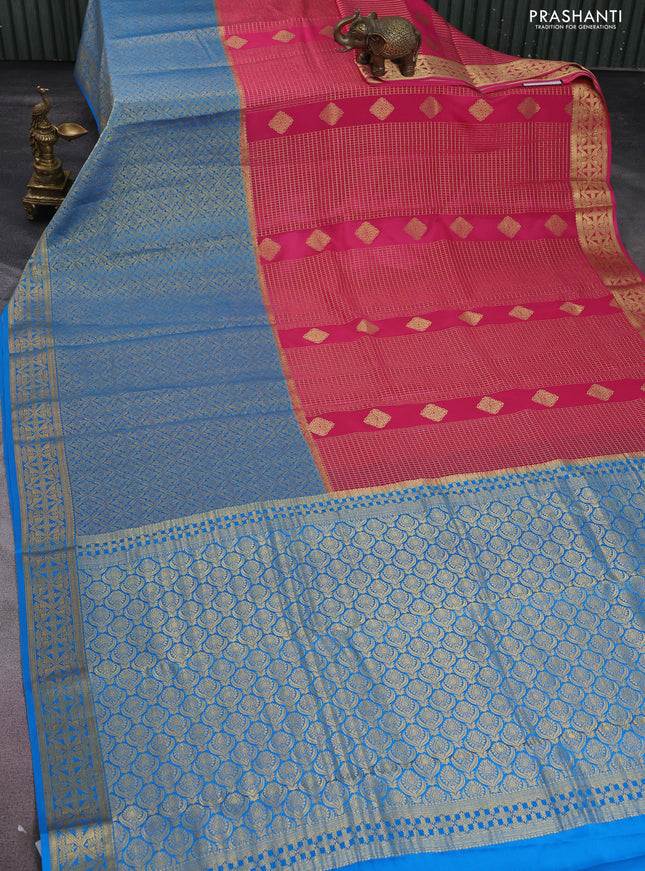 Pure mysore silk saree peach pink and cs blue with allover zari checks & buttas and long rich zari woven border