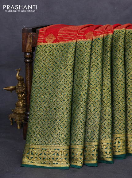 Pure mysore silk saree red and green with allover zari checks & buttas and long rich zari woven border