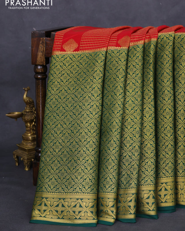 Pure mysore silk saree red and green with allover zari checks & buttas and long rich zari woven border