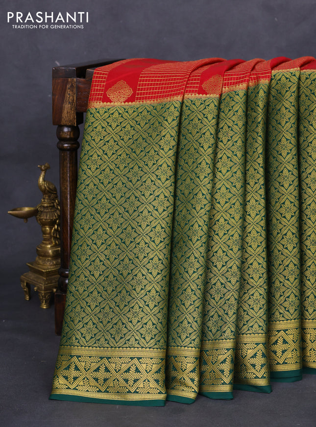 Pure mysore silk saree red and green with allover zari checks & buttas and long rich zari woven border