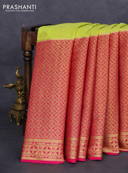 Pure mysore silk saree lime green and pink with allover zari checks & buttas and long rich zari woven border