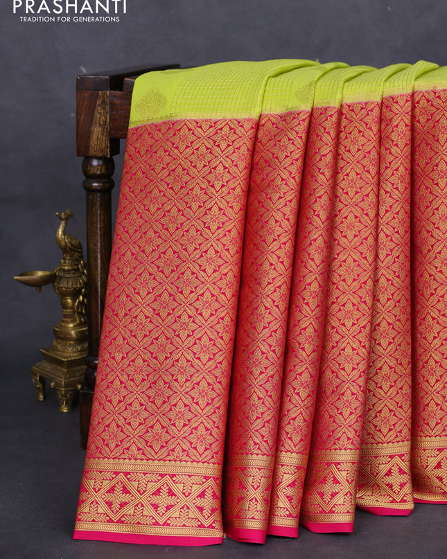 Pure mysore silk saree lime green and pink with allover zari checks & buttas and long rich zari woven border