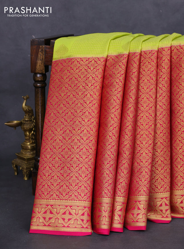 Pure mysore silk saree lime green and pink with allover zari checks & buttas and long rich zari woven border