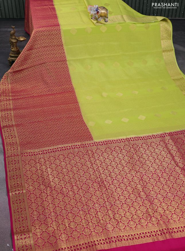 Pure mysore silk saree lime green and pink with allover zari checks & buttas and long rich zari woven border