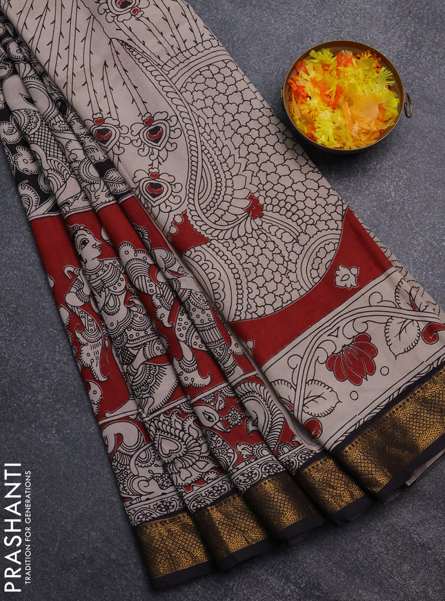Kalamkari semi silk saree maroon and black with allover prints and zari woven border