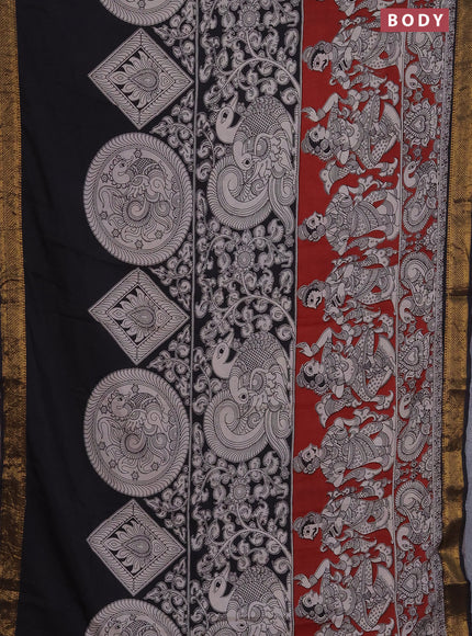 Kalamkari semi silk saree maroon and black with allover prints and zari woven border