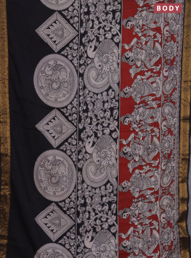 Kalamkari semi silk saree maroon and black with allover prints and zari woven border