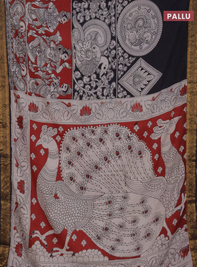 Kalamkari semi silk saree maroon and black with allover prints and zari woven border