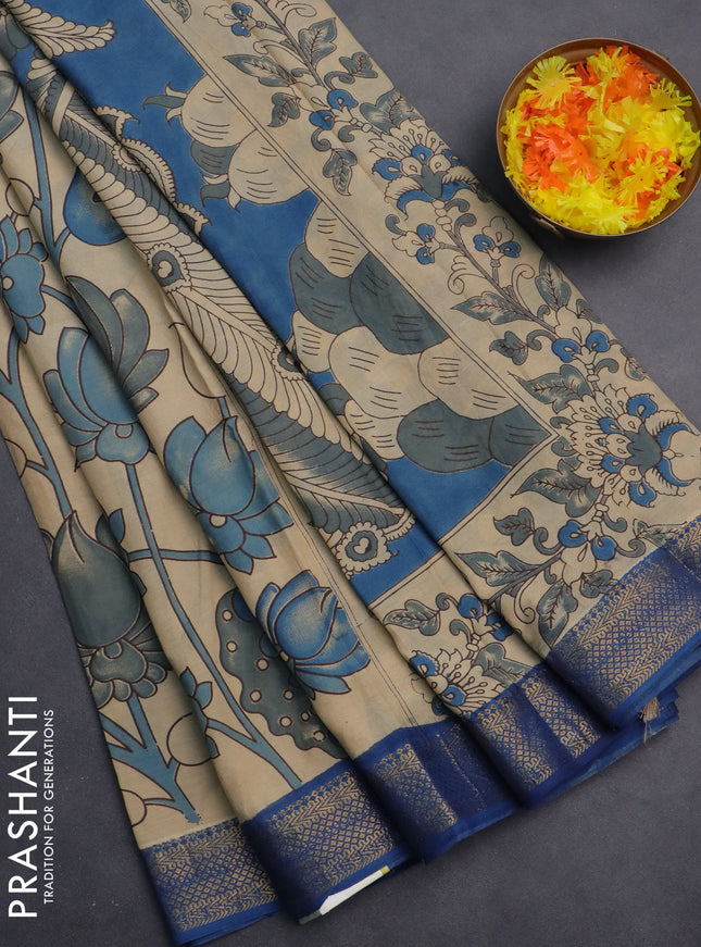Kalamkari semi silk saree beige and blue with allover prints and zari woven border