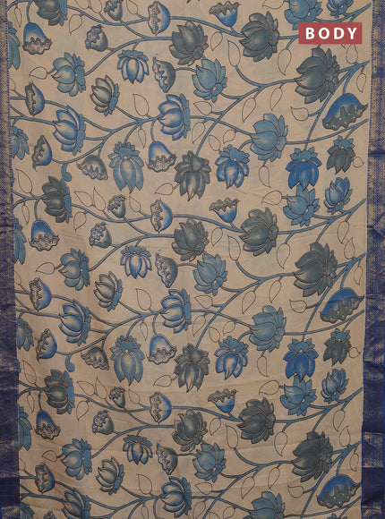 Kalamkari semi silk saree beige and blue with allover prints and zari woven border