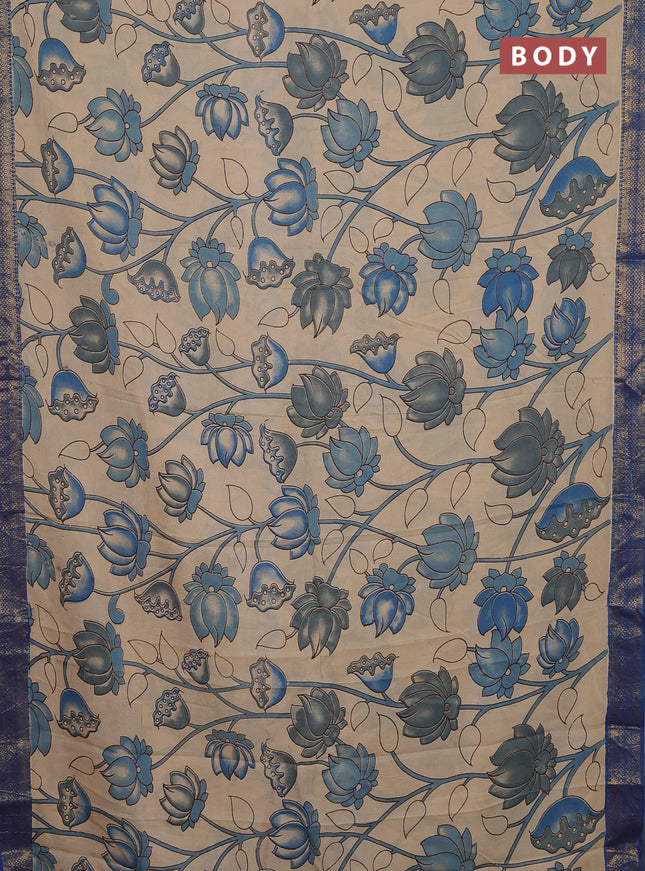 Kalamkari semi silk saree beige and blue with allover prints and zari woven border
