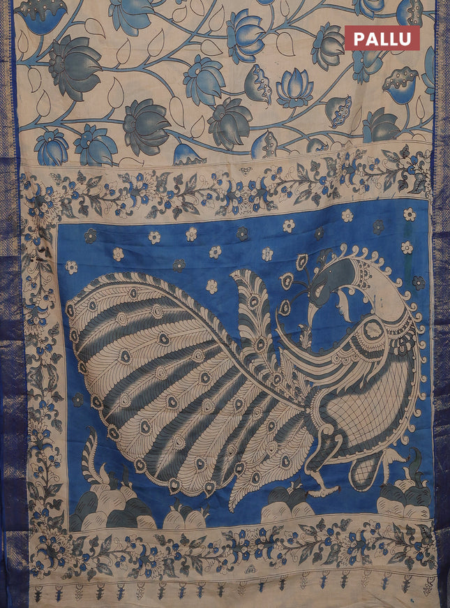 Kalamkari semi silk saree beige and blue with allover prints and zari woven border