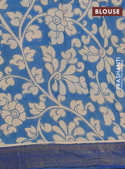 Kalamkari semi silk saree beige and blue with allover prints and zari woven border