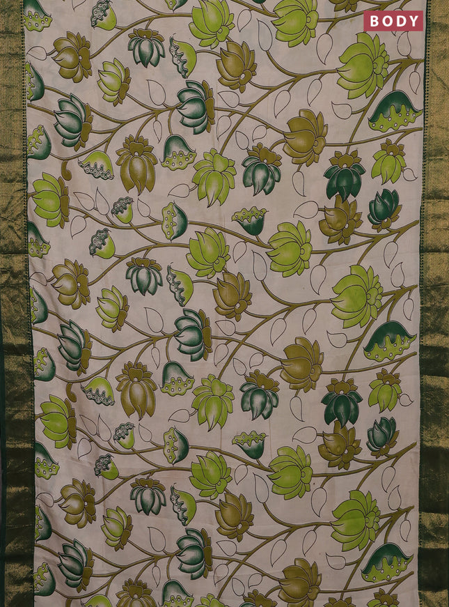 Kalamkari semi silk saree beige and green with allover prints and zari woven border
