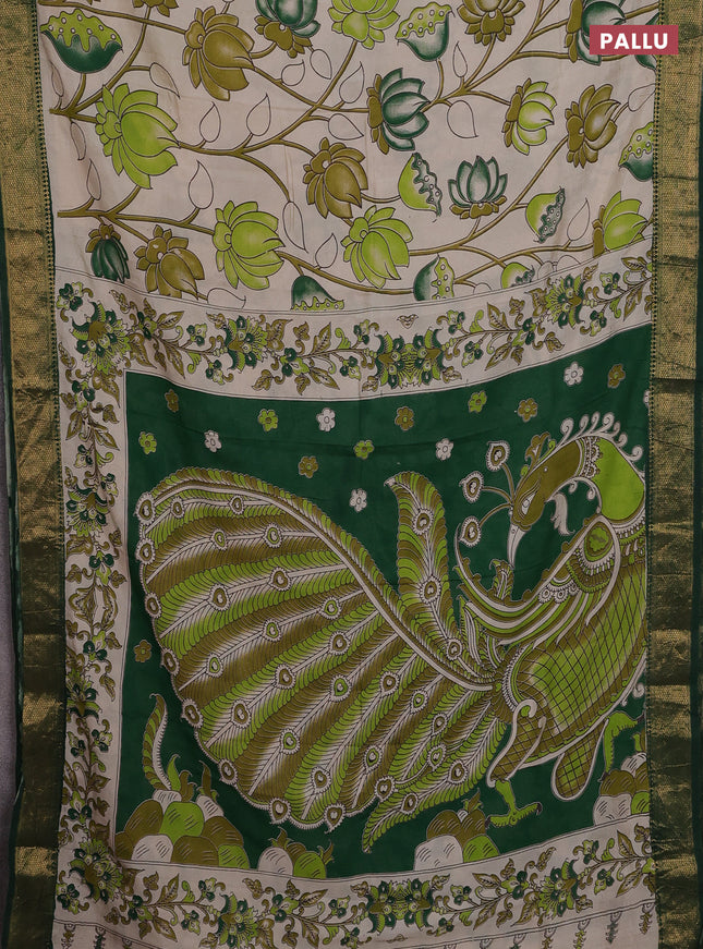 Kalamkari semi silk saree beige and green with allover prints and zari woven border
