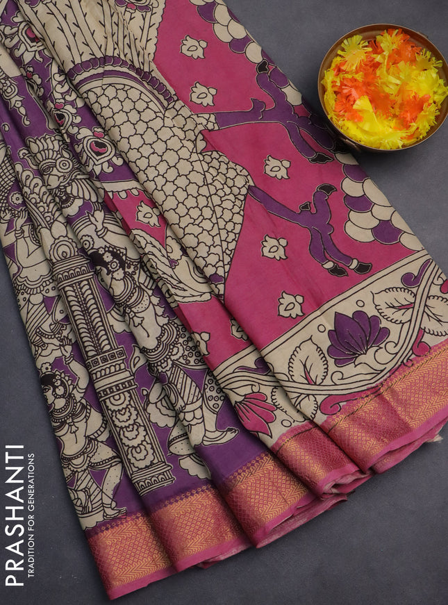 Kalamkari semi silk saree purple and pink shade with allover prints and zari woven border