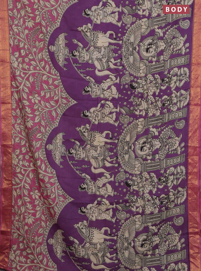 Kalamkari semi silk saree purple and pink shade with allover prints and zari woven border