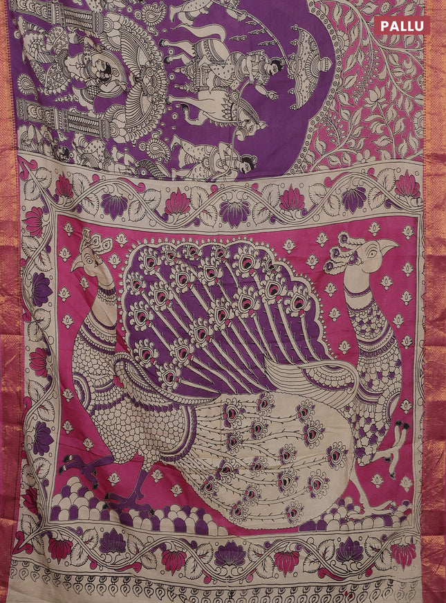 Kalamkari semi silk saree purple and pink shade with allover prints and zari woven border