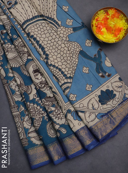 Kalamkari semi silk saree peacock blue and blue with allover prints and zari woven border