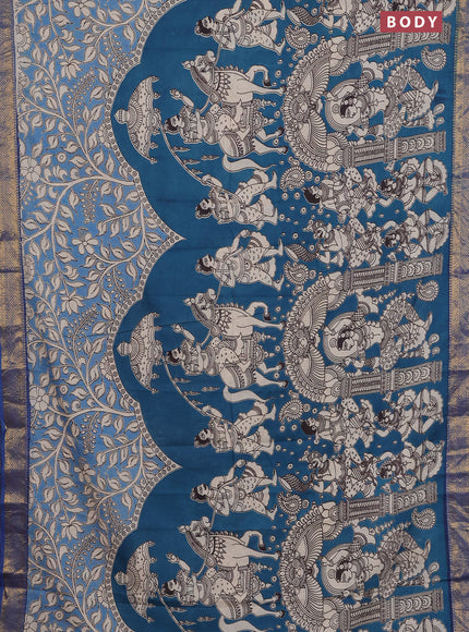 Kalamkari semi silk saree peacock blue and blue with allover prints and zari woven border