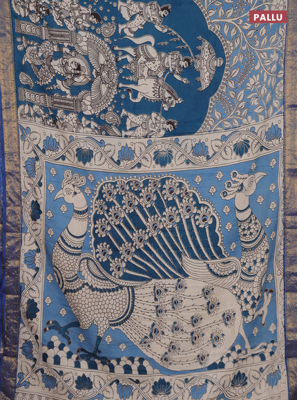 Kalamkari semi silk saree peacock blue and blue with allover prints and zari woven border