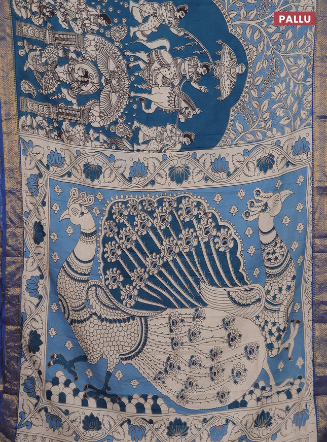 Kalamkari semi silk saree peacock blue and blue with allover prints and zari woven border