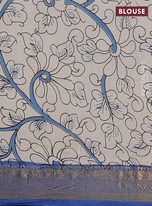 Kalamkari semi silk saree peacock blue and blue with allover prints and zari woven border