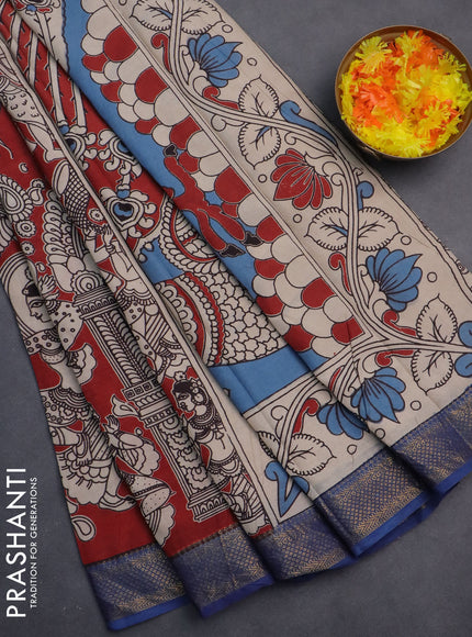 Kalamkari semi silk saree maroon and blue with allover prints and zari woven border