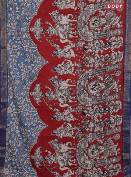 Kalamkari semi silk saree maroon and blue with allover prints and zari woven border