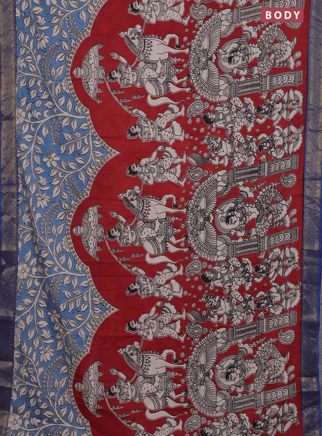 Kalamkari semi silk saree maroon and blue with allover prints and zari woven border