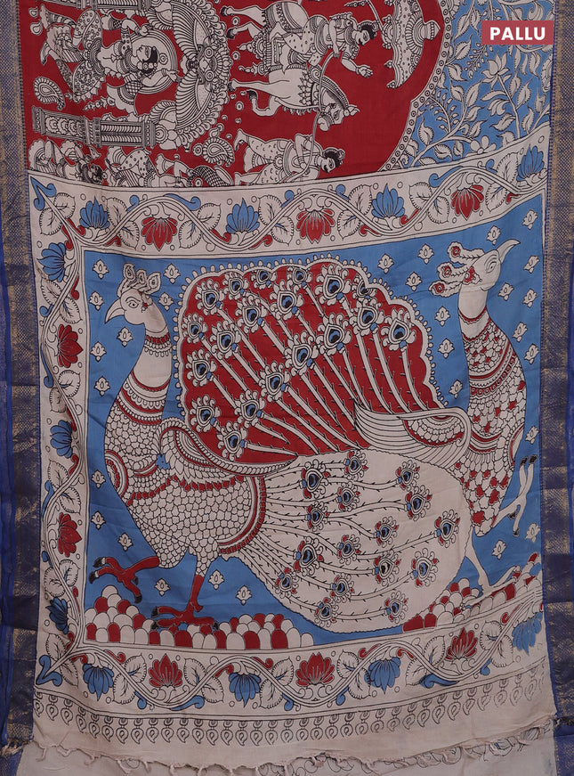 Kalamkari semi silk saree maroon and blue with allover prints and zari woven border