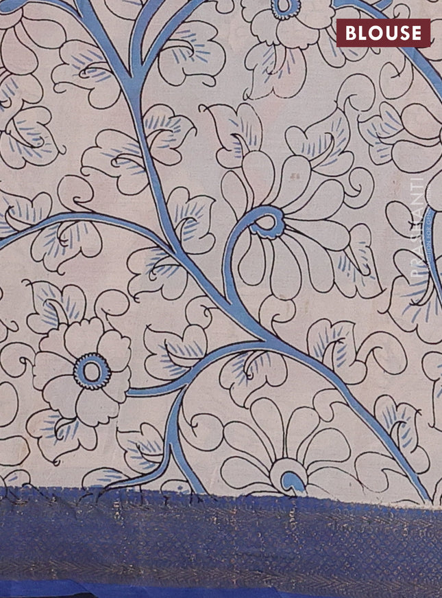 Kalamkari semi silk saree maroon and blue with allover prints and zari woven border