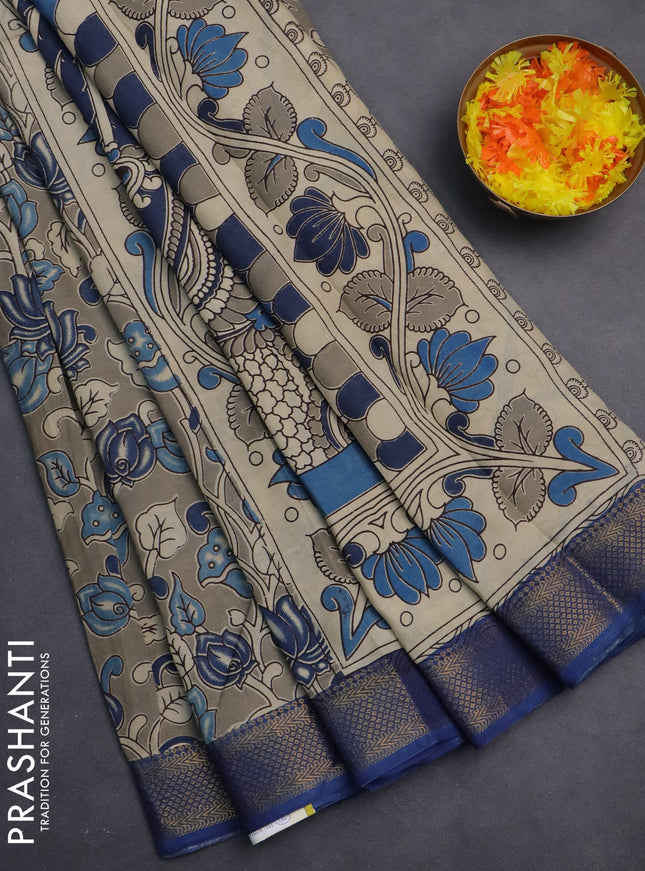 Kalamkari semi silk saree grey and blue with allover prints and zari woven border