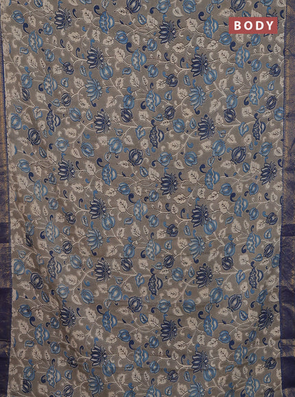 Kalamkari semi silk saree grey and blue with allover prints and zari woven border