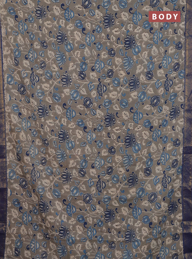 Kalamkari semi silk saree grey and blue with allover prints and zari woven border