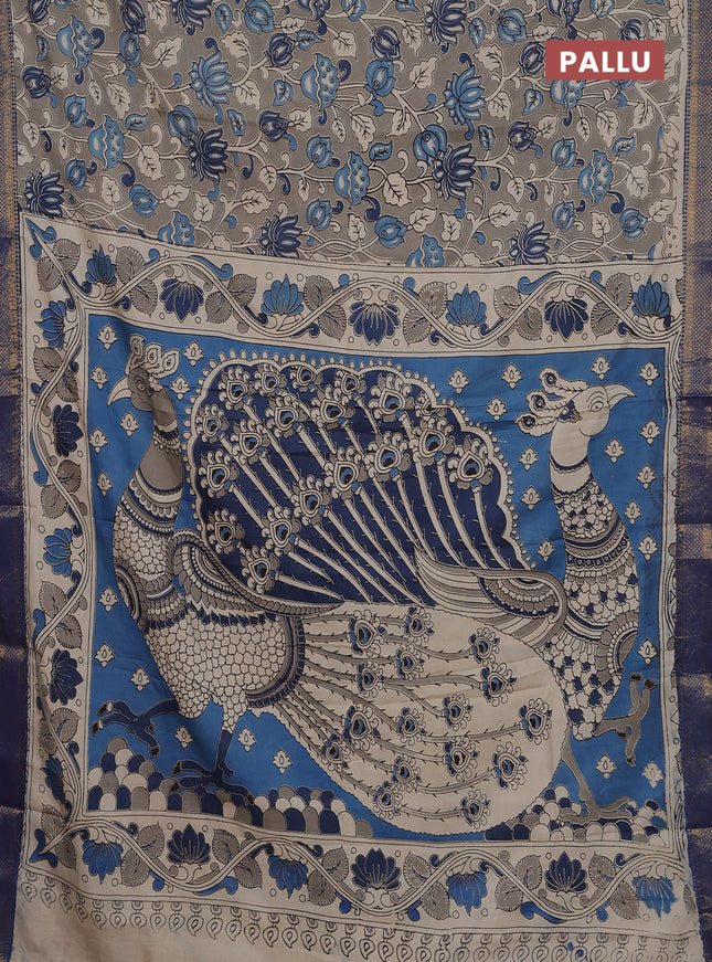 Kalamkari semi silk saree grey and blue with allover prints and zari woven border
