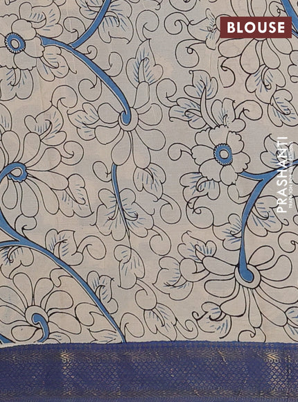 Kalamkari semi silk saree grey and blue with allover prints and zari woven border