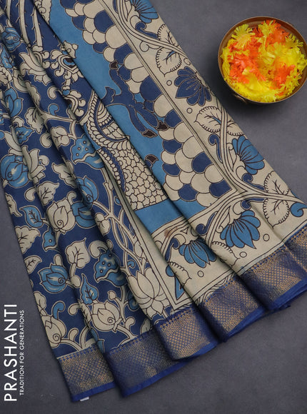 Kalamkari semi silk saree blue with allover prints and zari woven border